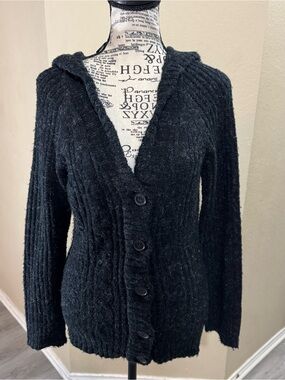 ISH Black Hooded Cable-Knit Button Cardigan